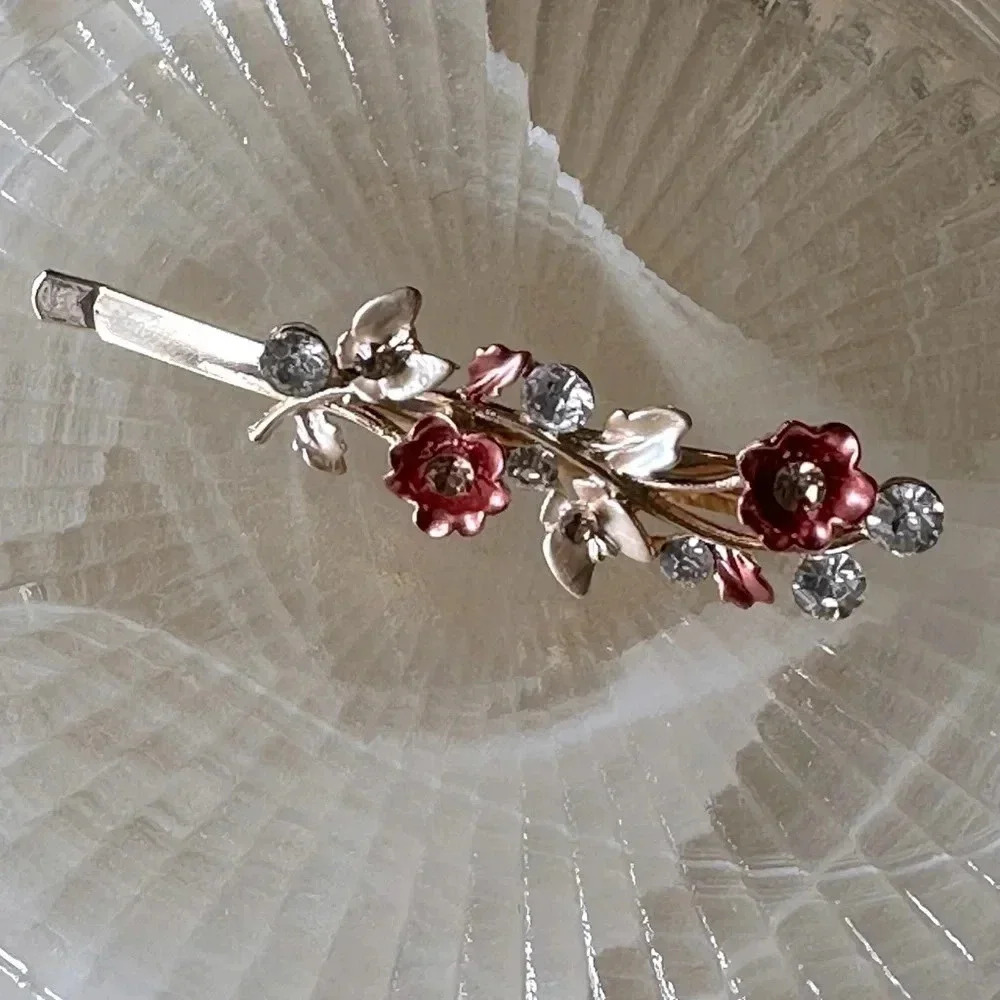 Soft Salmon Pink Floral Romantic Gold Hair Pin w/ Crystal Rhinestones & Enamel